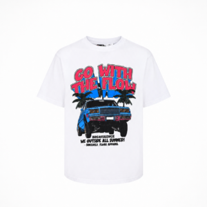 Tricou GO With The Flow Alb – Print Mașină Retro Summer | Oversized Unisex